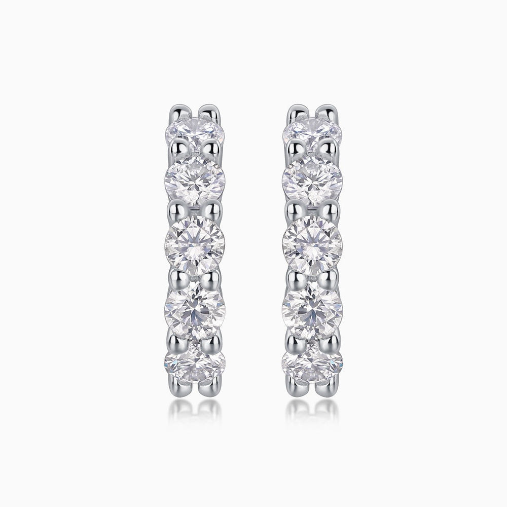 Round moissanite hoop earrings with four bezel-set round stones, white gold vermeil