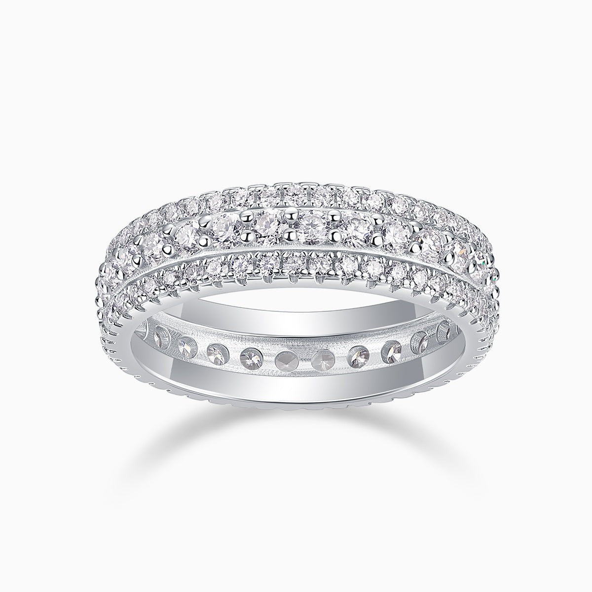Moissanite pavé eternity band ring in white gold vermeil, full diamond-set band