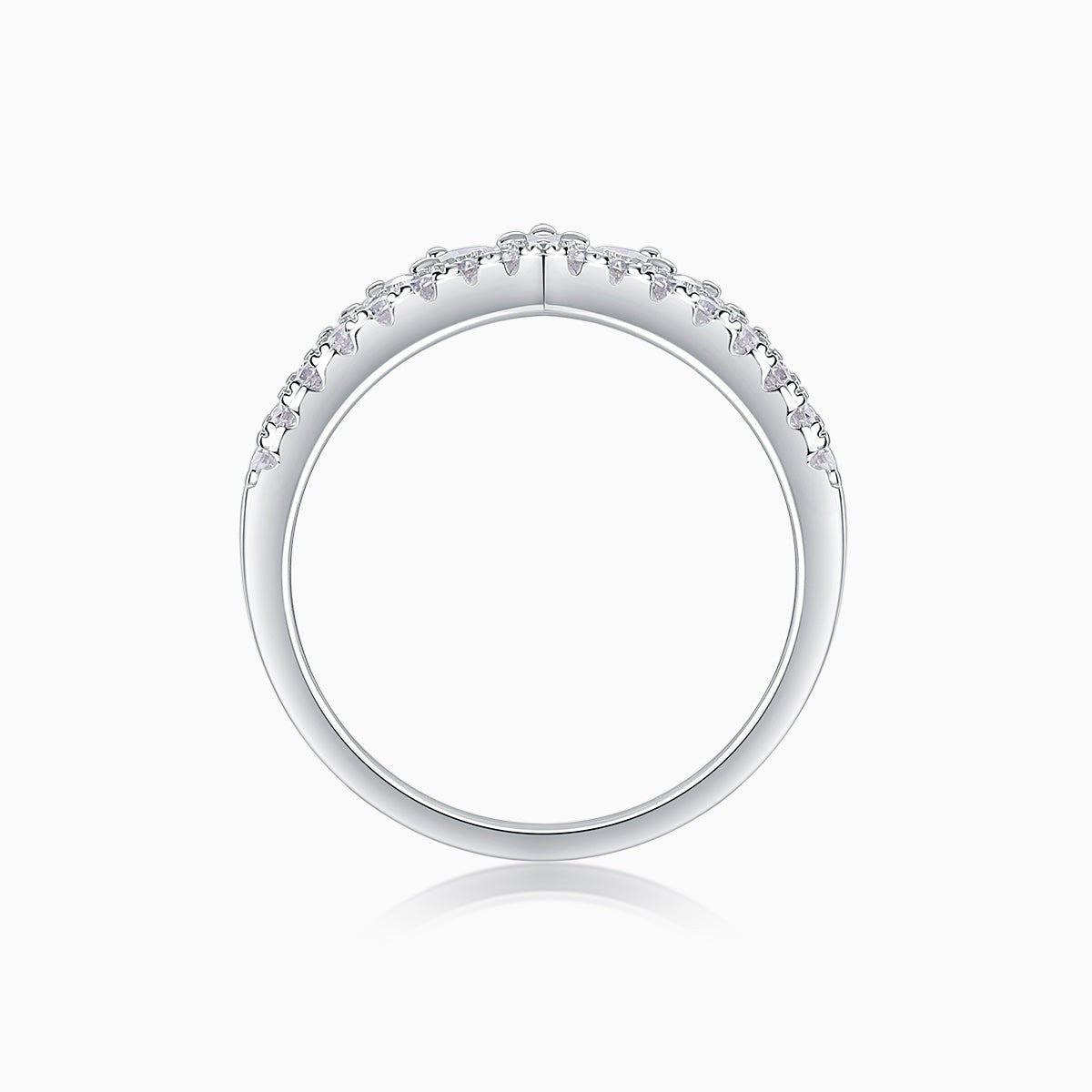 Moissanite wedding band white gold vermeil, inside profile view with prong-set stones