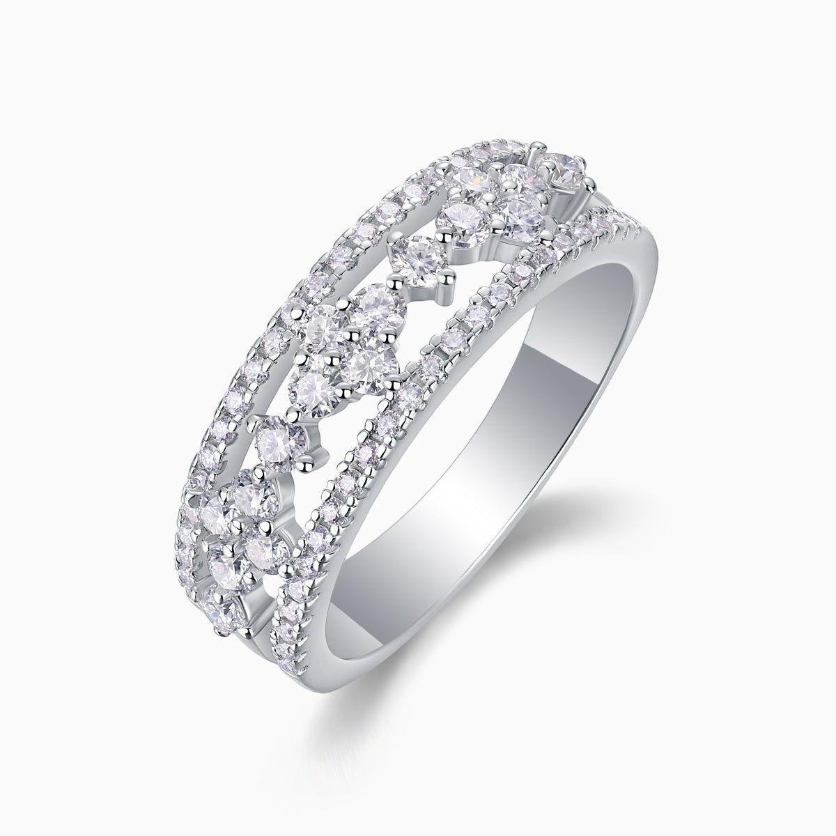 Angled moissanite half-row wedding band with bright pavé stones, white gold vermeil
