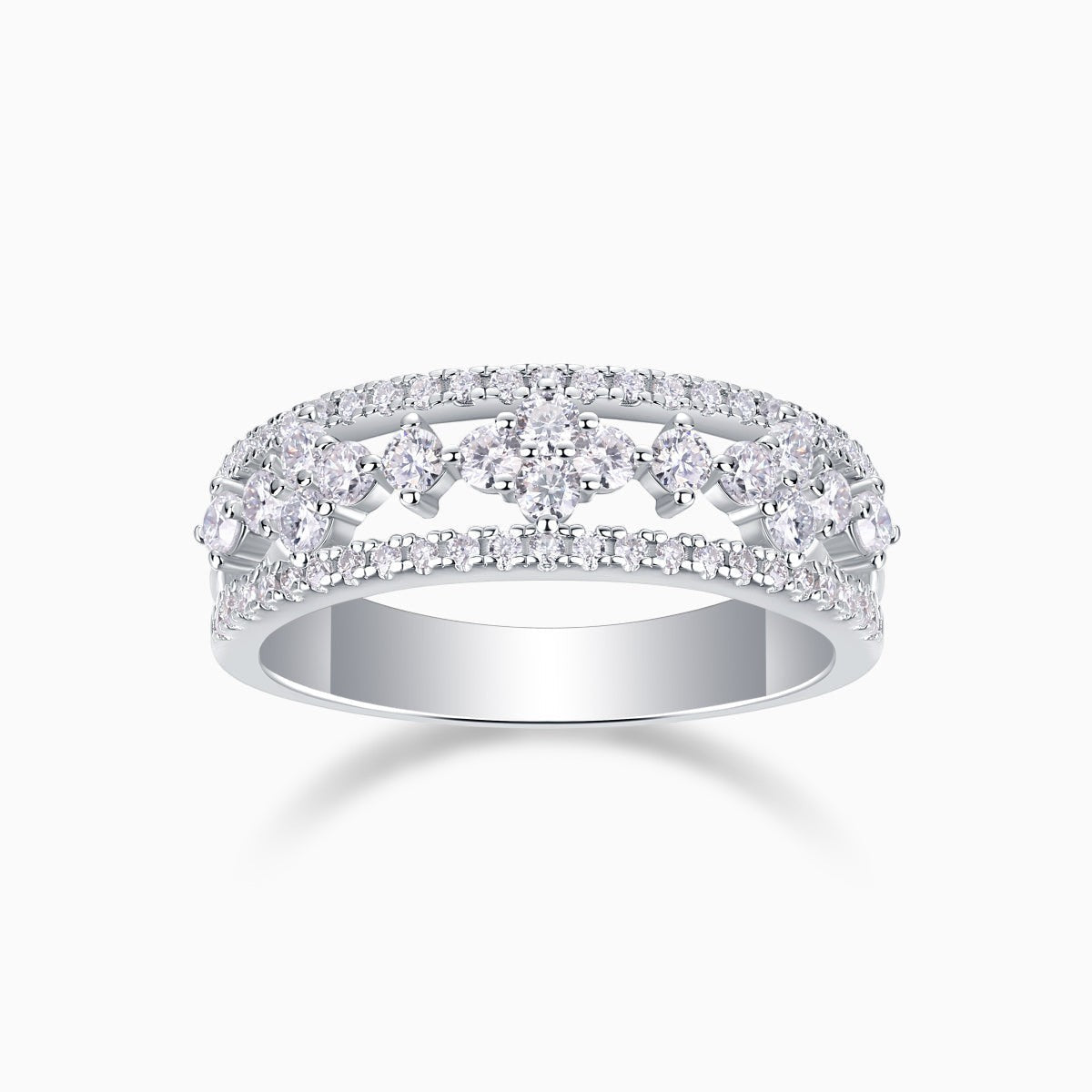 Moissanite half-row wedding band in white gold vermeil with sparkling bezel-set stones