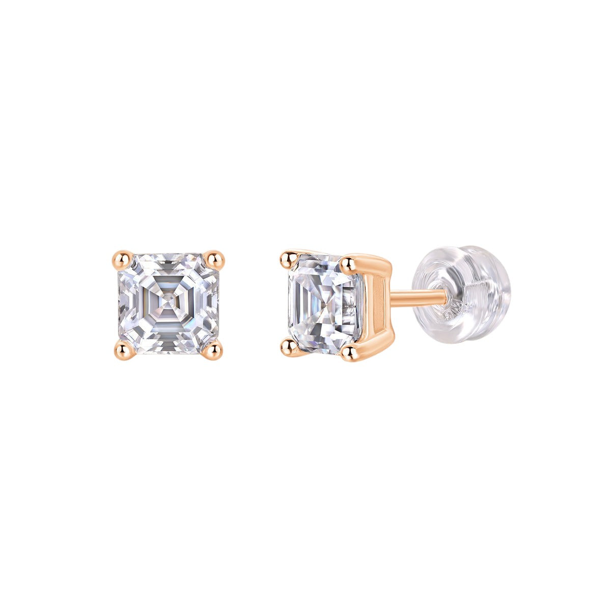 Asscher-cut moissanite stud earrings, rose gold vermeil with square faceted center