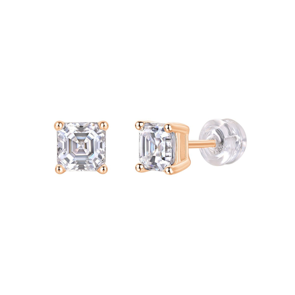 Asscher-cut moissanite stud earrings, rose gold vermeil with square faceted center