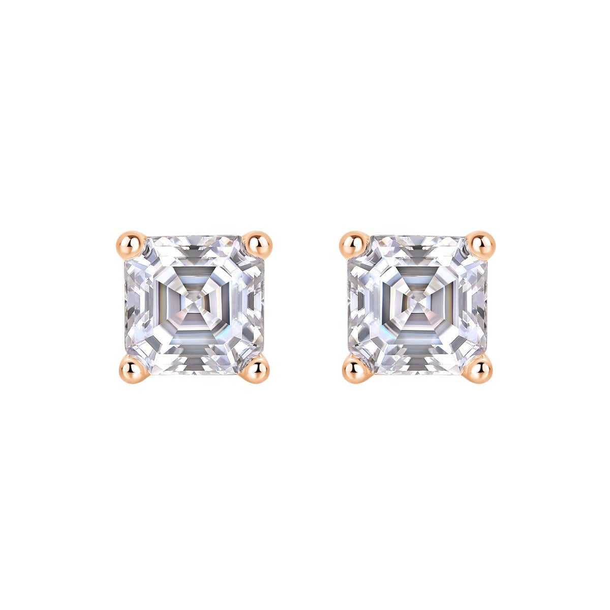 Pair of Asscher-cut moissanite studs, rose gold vermeil prongs, square faceted stone