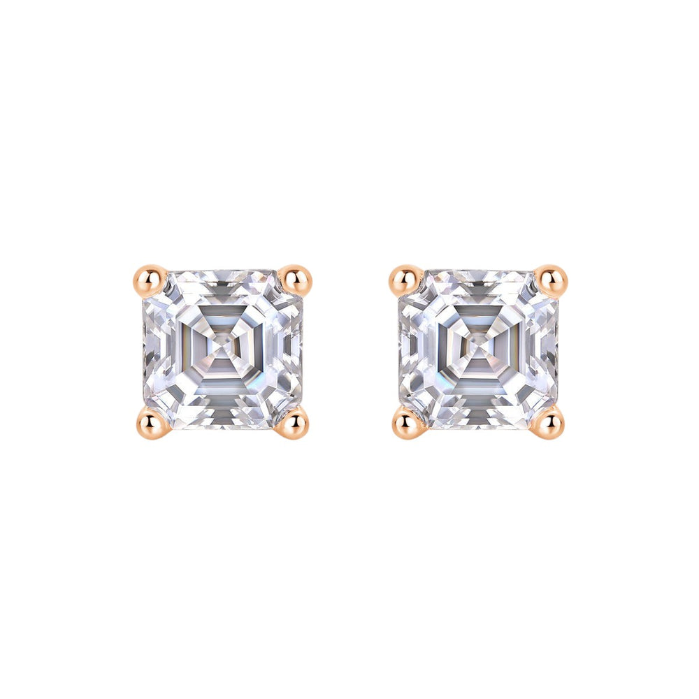 Pair of Asscher-cut moissanite studs, rose gold vermeil prongs, square faceted stone