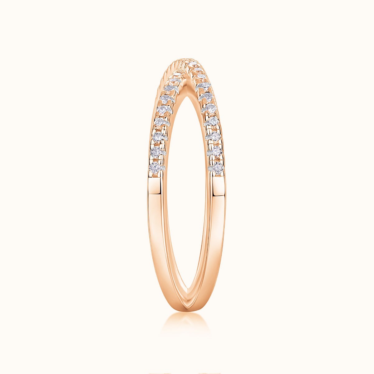 X-Cross moissanite pavé band, rose-gold vermeil, side view with pavé stone line