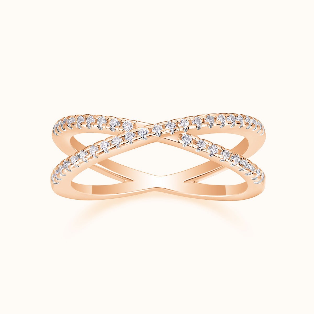 X-Cross Moissanite pavé band with crossover X design and clear stones on rose-gold tone