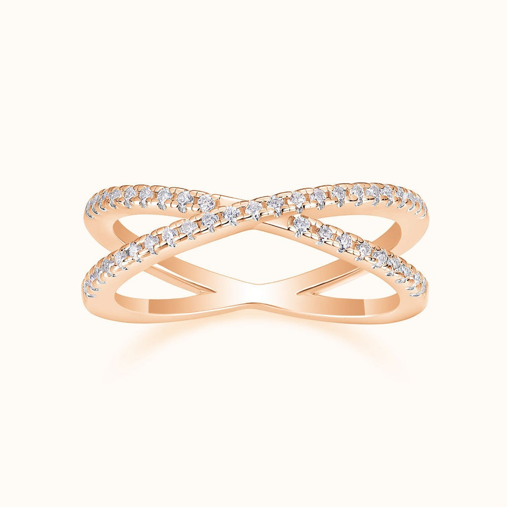 X-Cross Moissanite pavé band with crossover X design and clear stones on rose-gold tone
