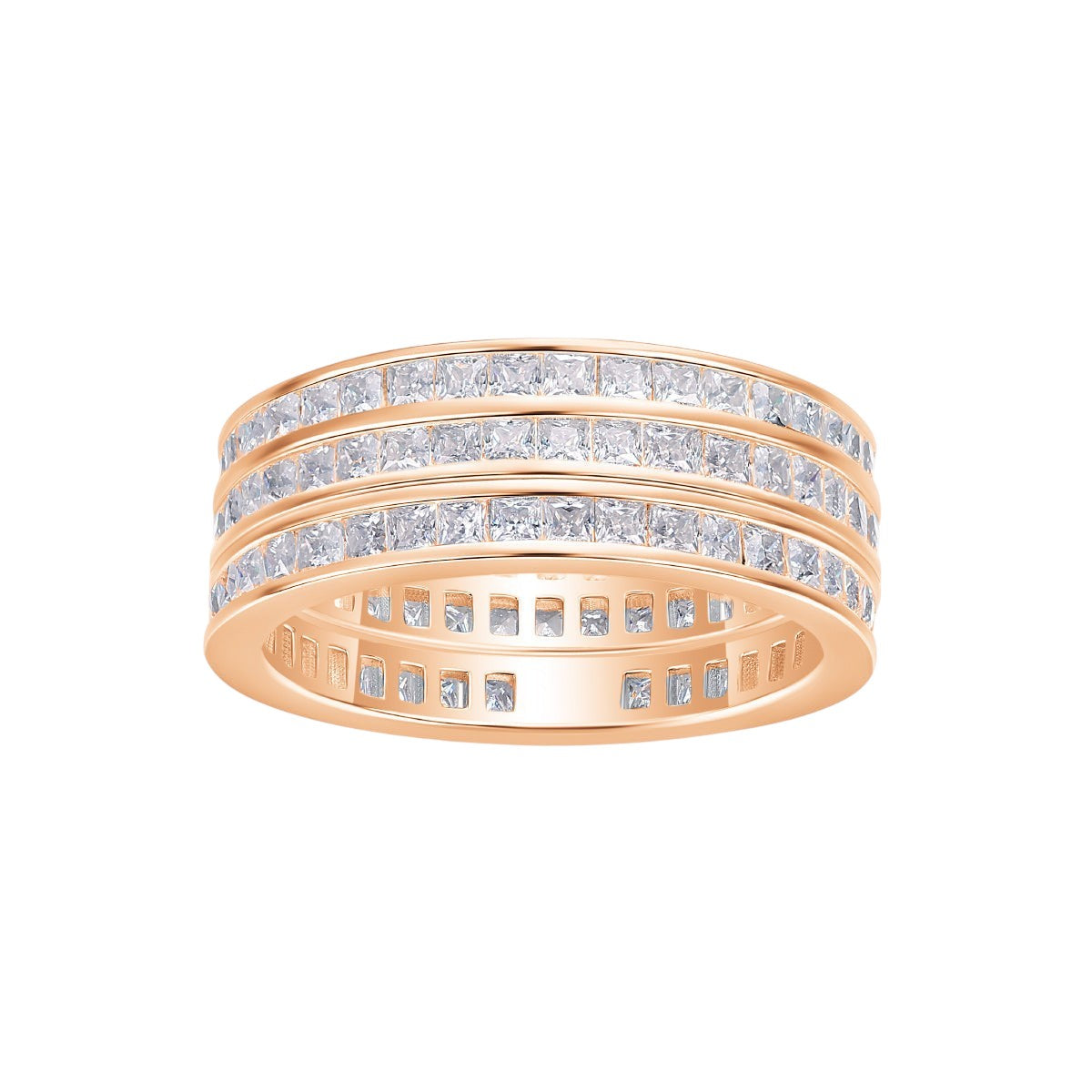 Triple row moissanite wide band ring in rose gold vermeil with clear stones