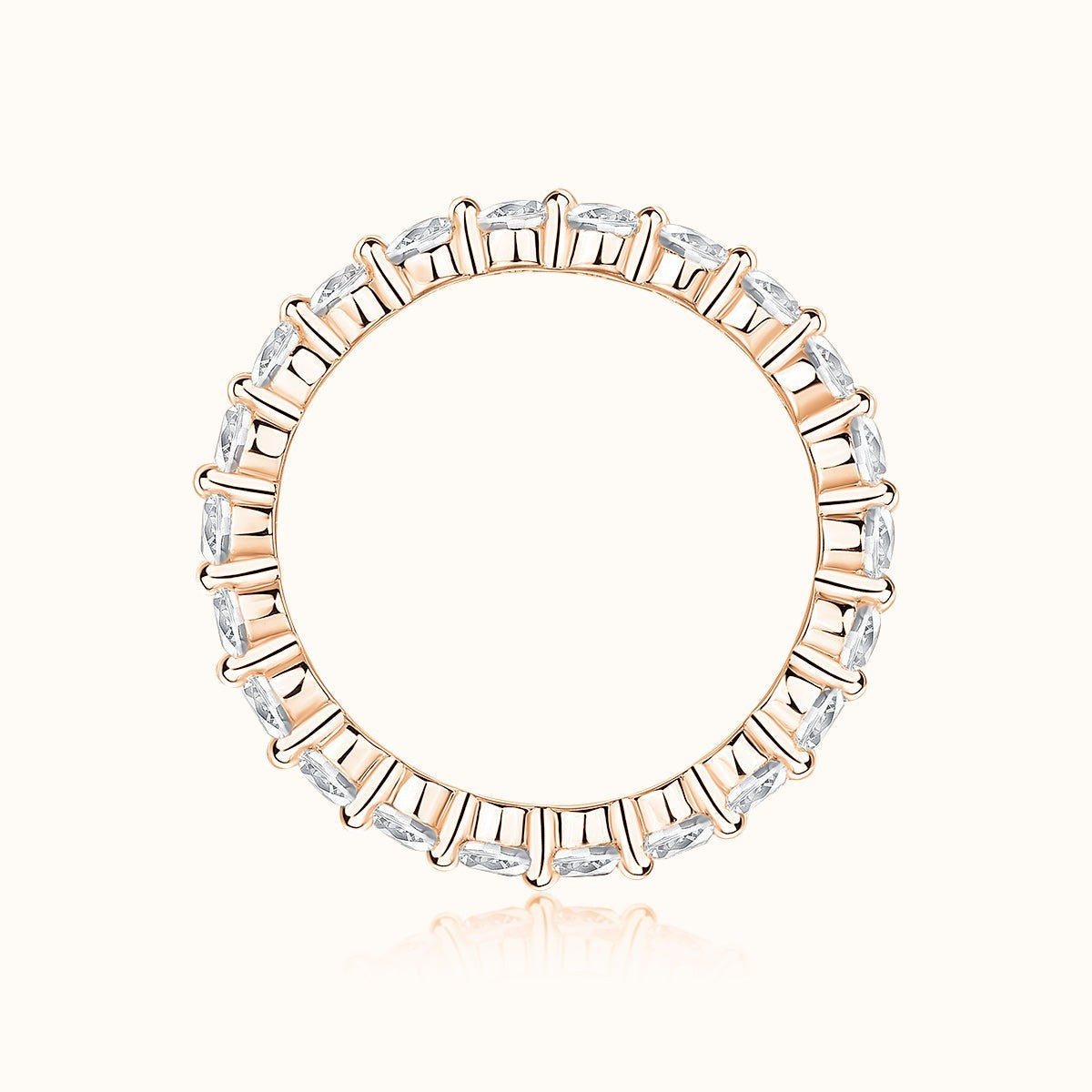 Round cut moissanite eternity band with prong-set round stones in a full circle frame
