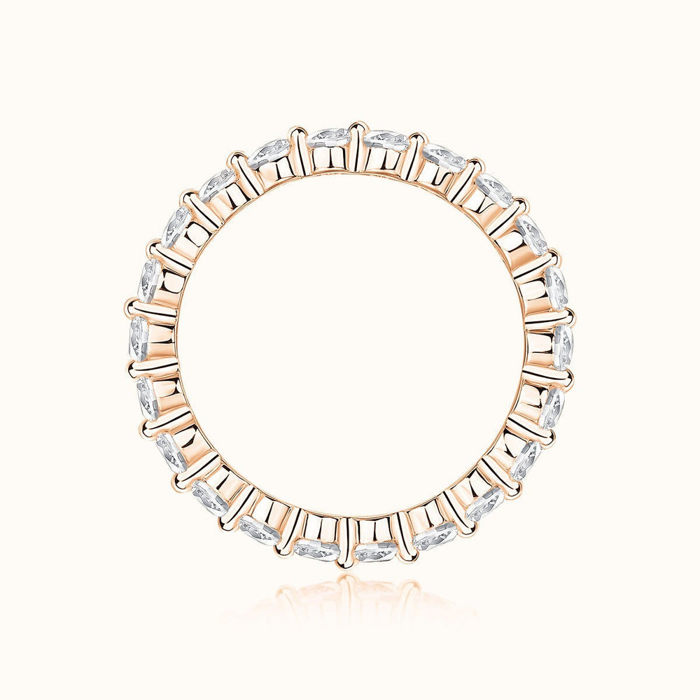 Round cut moissanite eternity band with prong-set round stones in a full circle frame