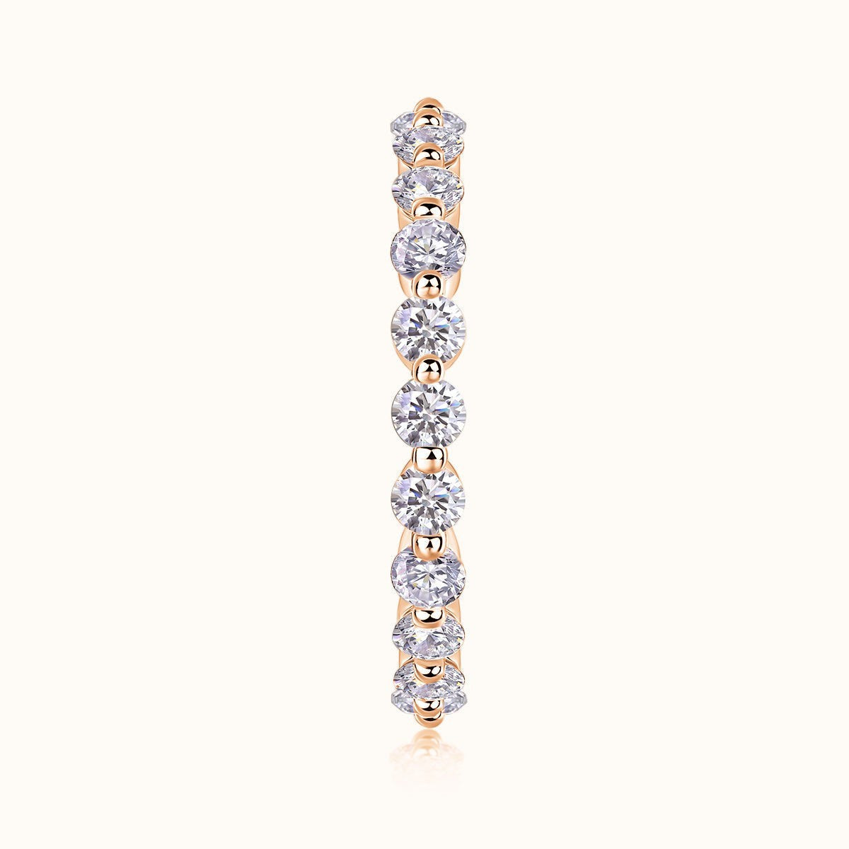 Round Cut Moissanite Eternity Band, rose gold vermeil side view of round stones