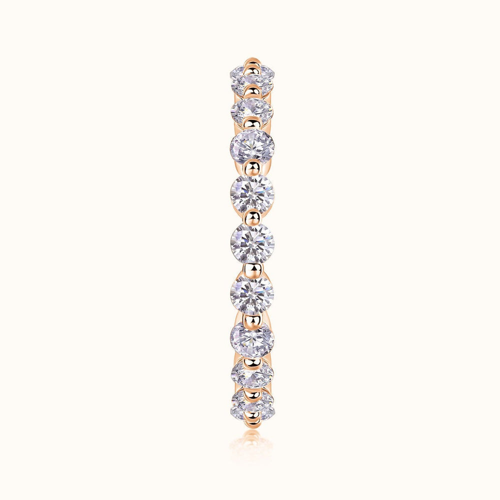 Round Cut Moissanite Eternity Band, rose gold vermeil side view of round stones