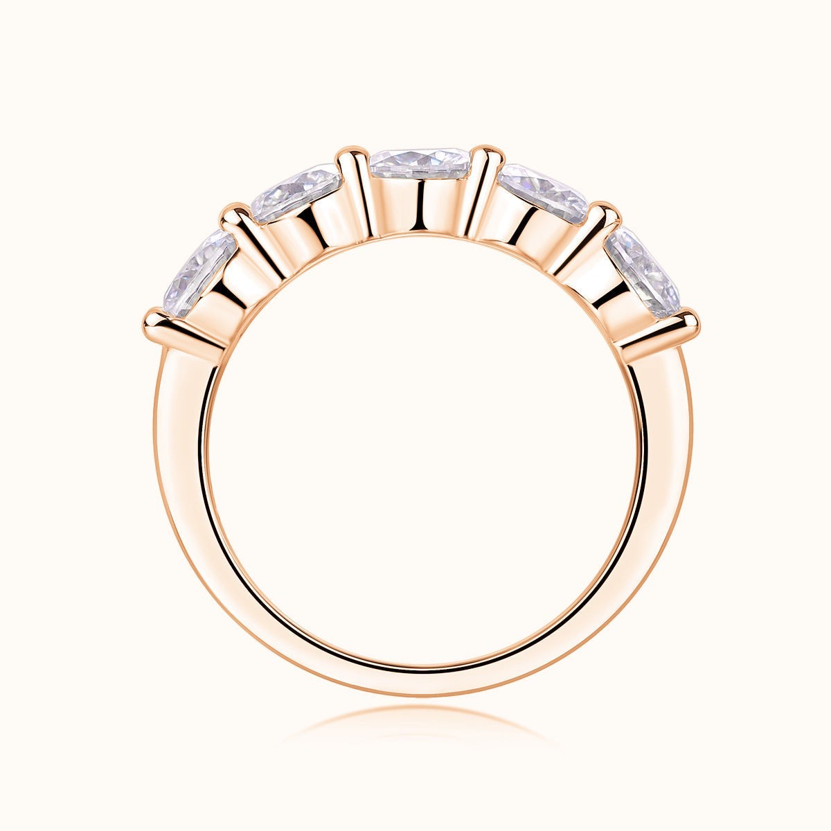 Five-stone moissanite wedding band, rose gold vermeil, underside view