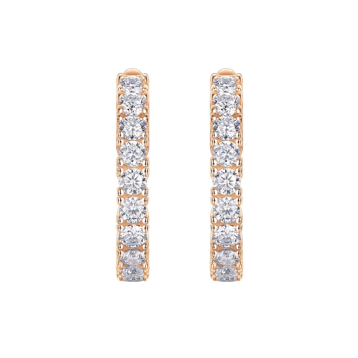 Rose gold vermeil pavé hoop earrings with vertical row of square moissanite stones