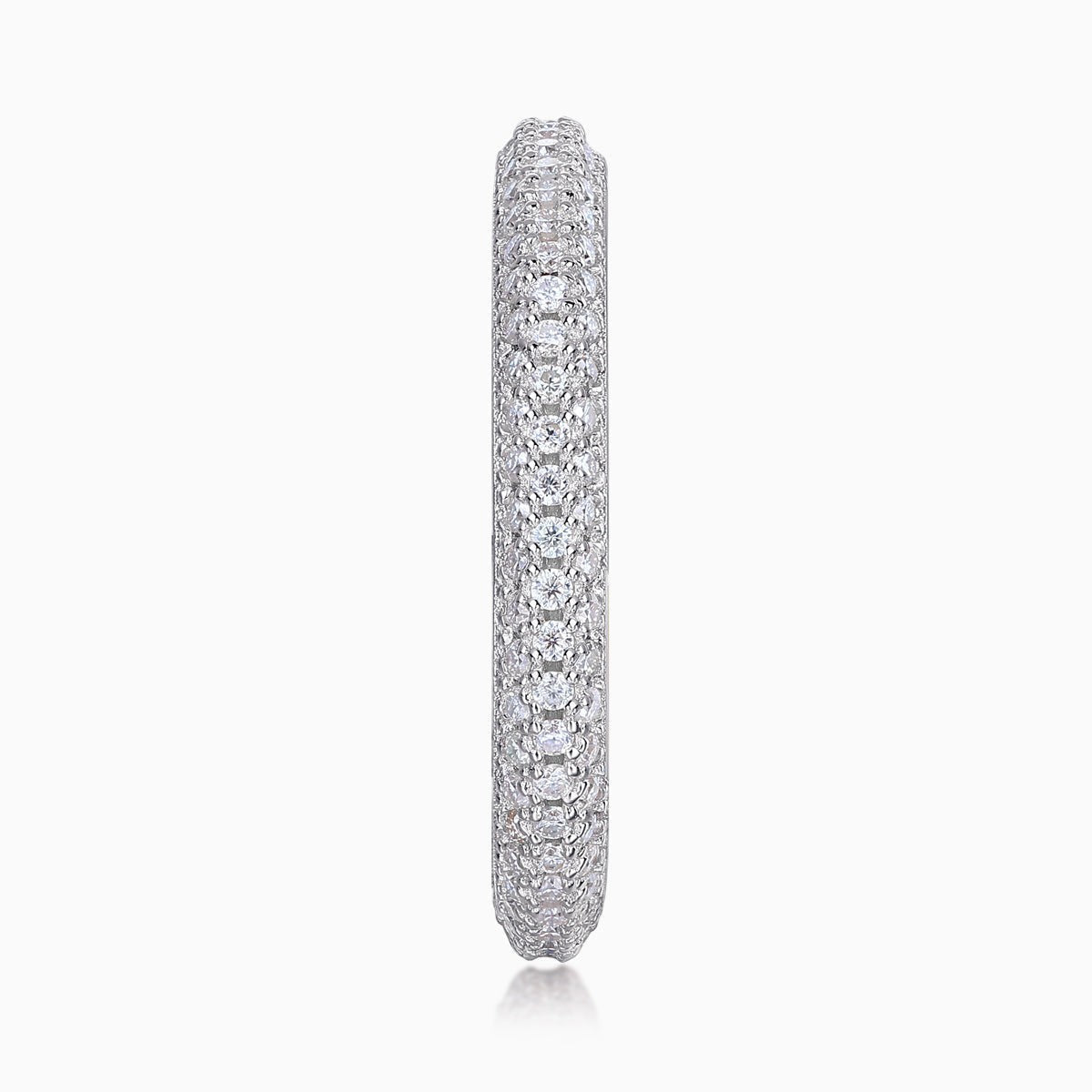 White gold vermeil moissanite pavé wedding band profile, densely set with round stones