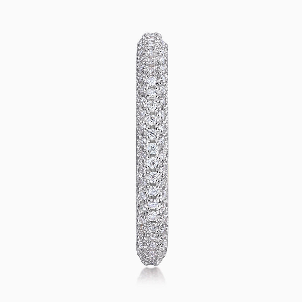White gold vermeil moissanite pavé wedding band profile, densely set with round stones