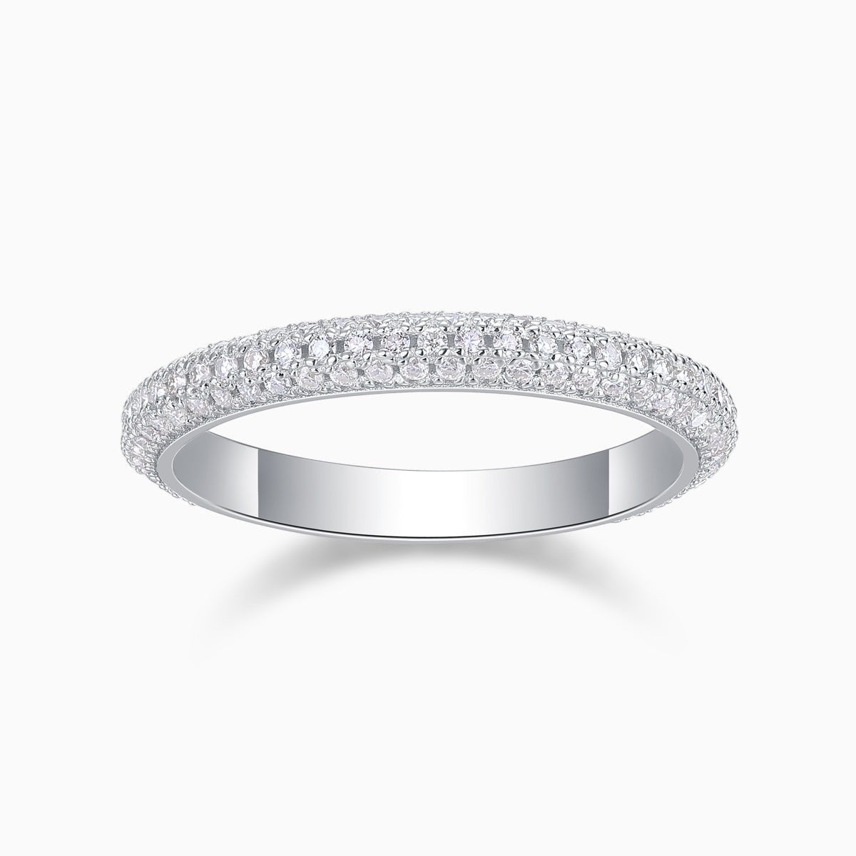 White gold vermeil pavé moissanite wedding band, round stones all around