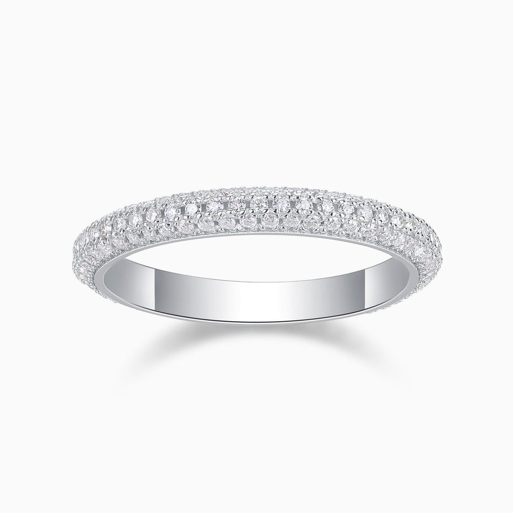 White gold vermeil pavé moissanite wedding band, round stones all around