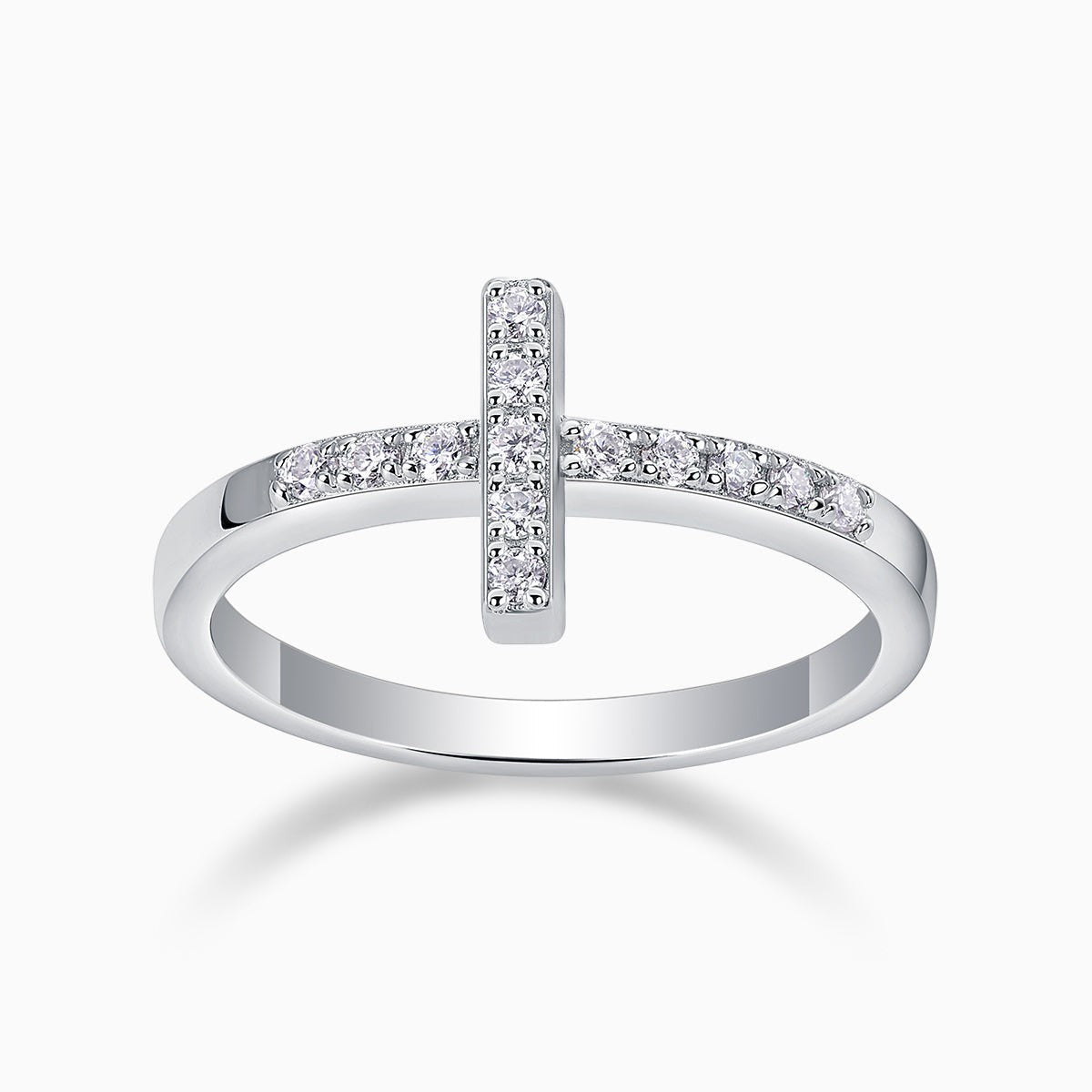 Moissanite thin cross band ring with pave stones on cross and band