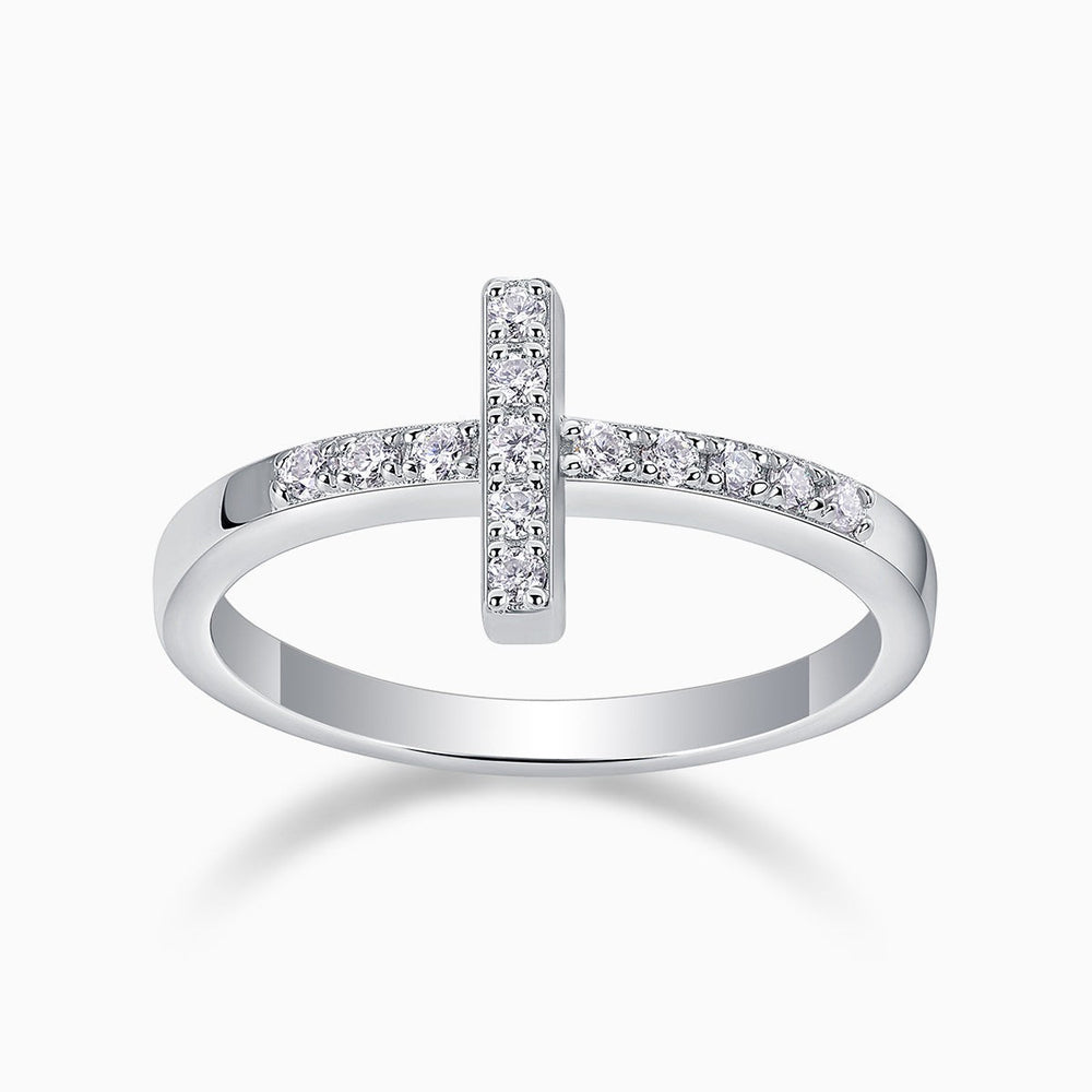 Moissanite thin cross band ring with pave stones on cross and band