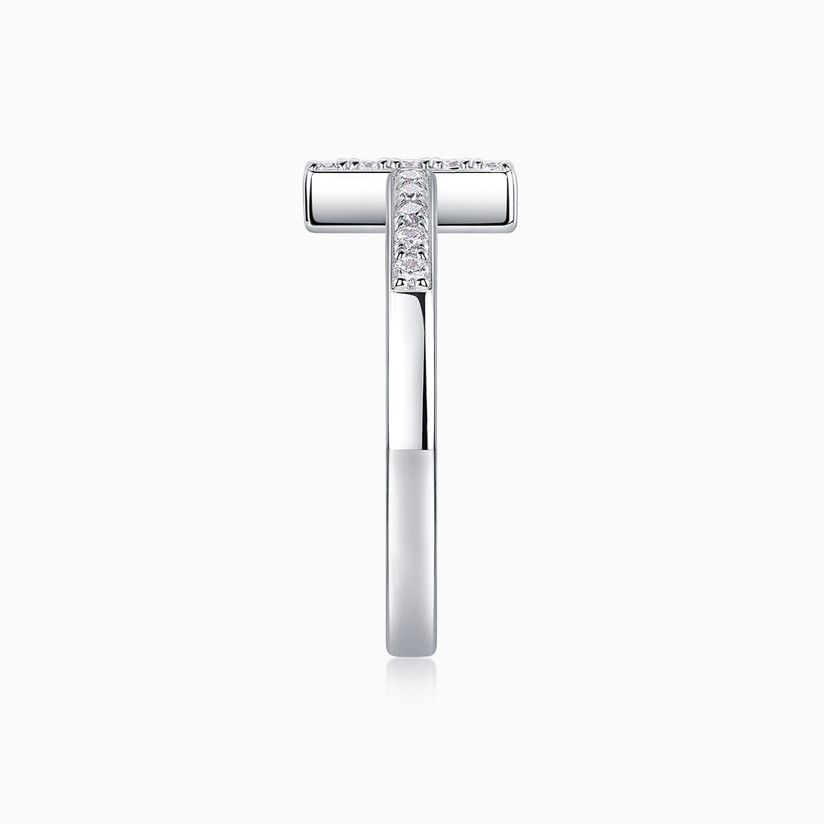 Moissanite thin cross band ring, side view with vertical cross pavé centerpiece