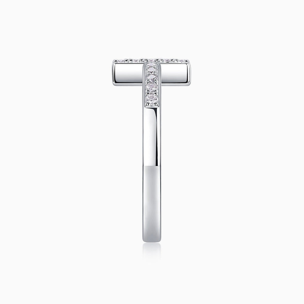 Moissanite thin cross band ring, side view with vertical cross pavé centerpiece