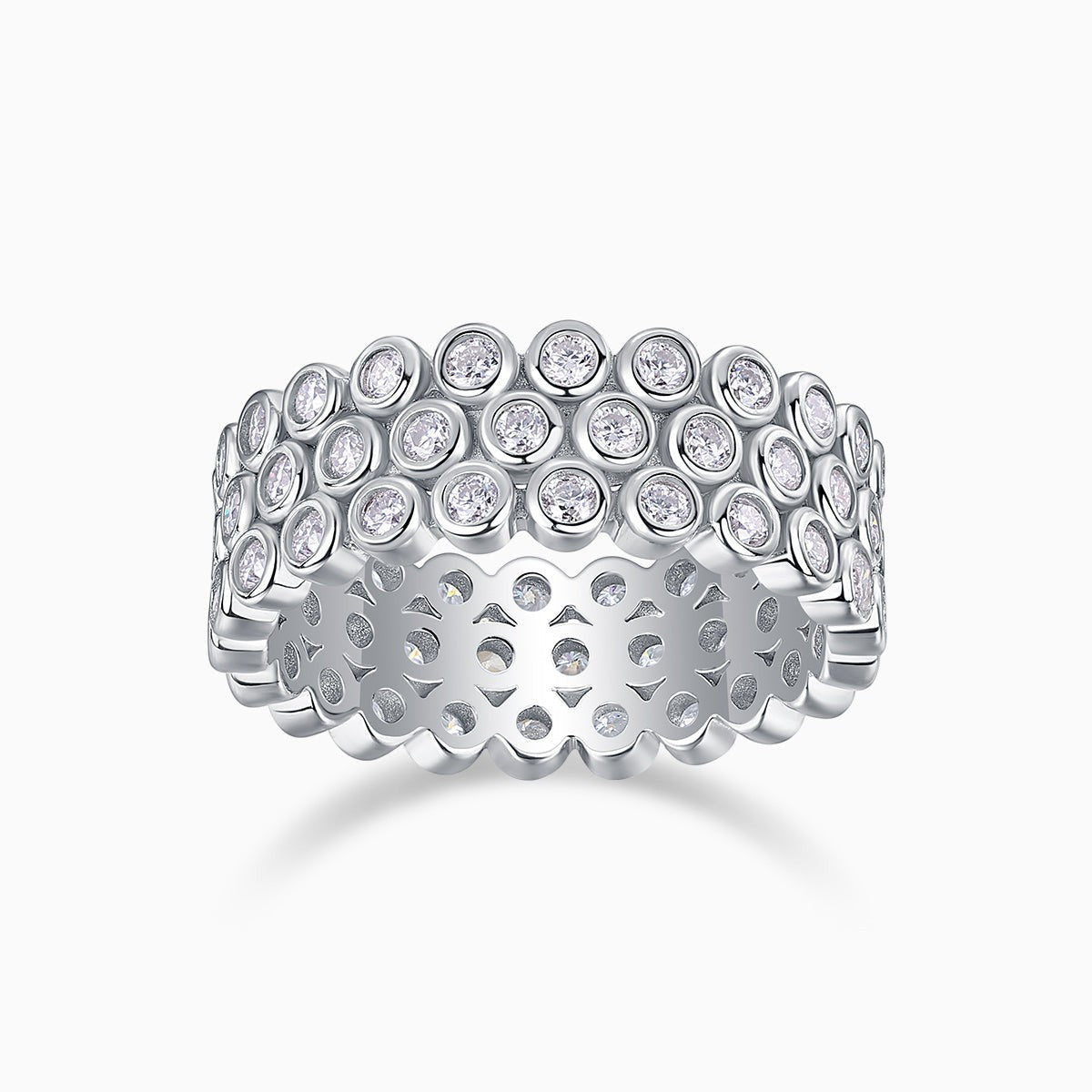 Three-Row Pavé Moissanite Wide Band, breites Ringband mit drei Reihen funkelnder Steine