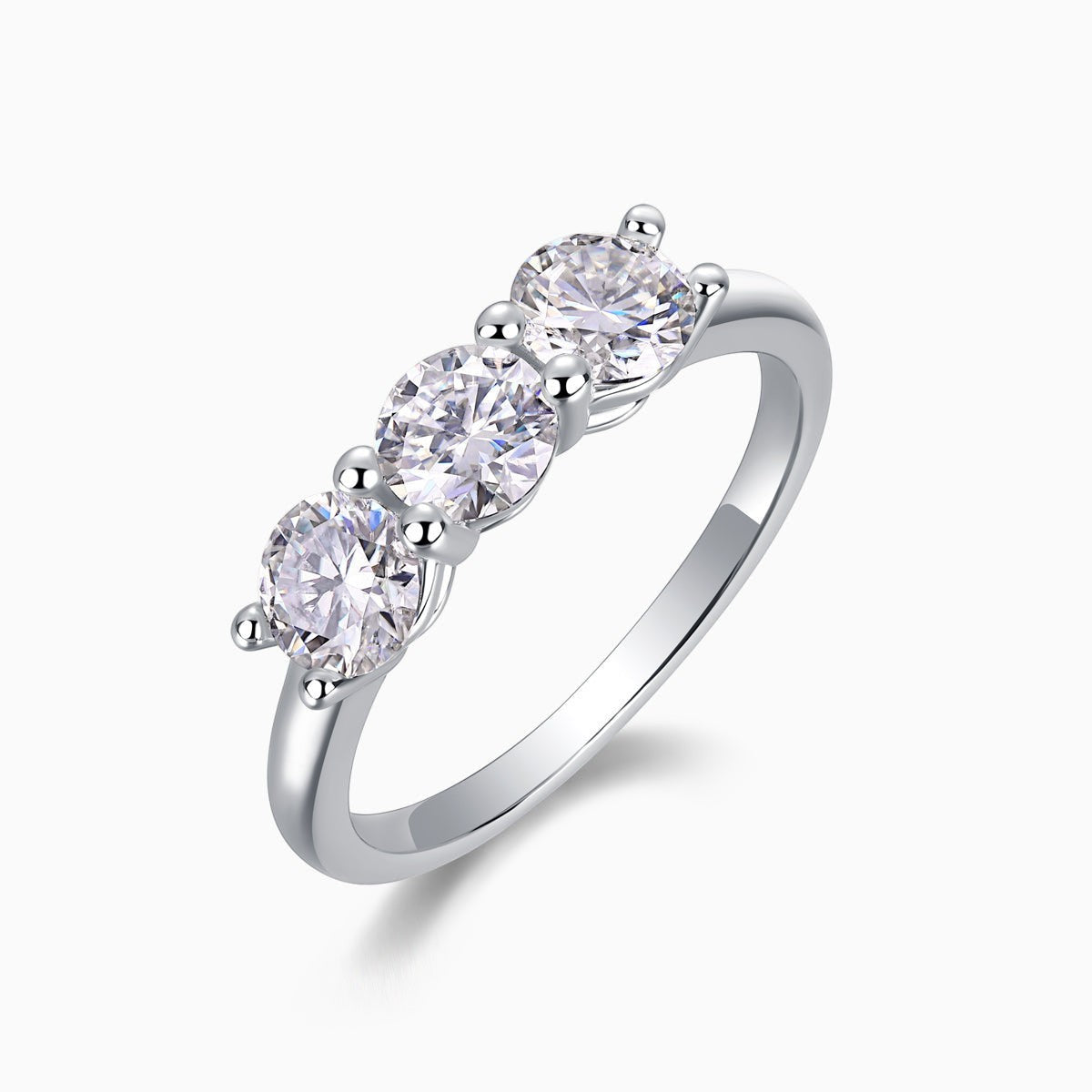 Angle view of three-stone moissanite wedding band in white gold vermeil with round stones