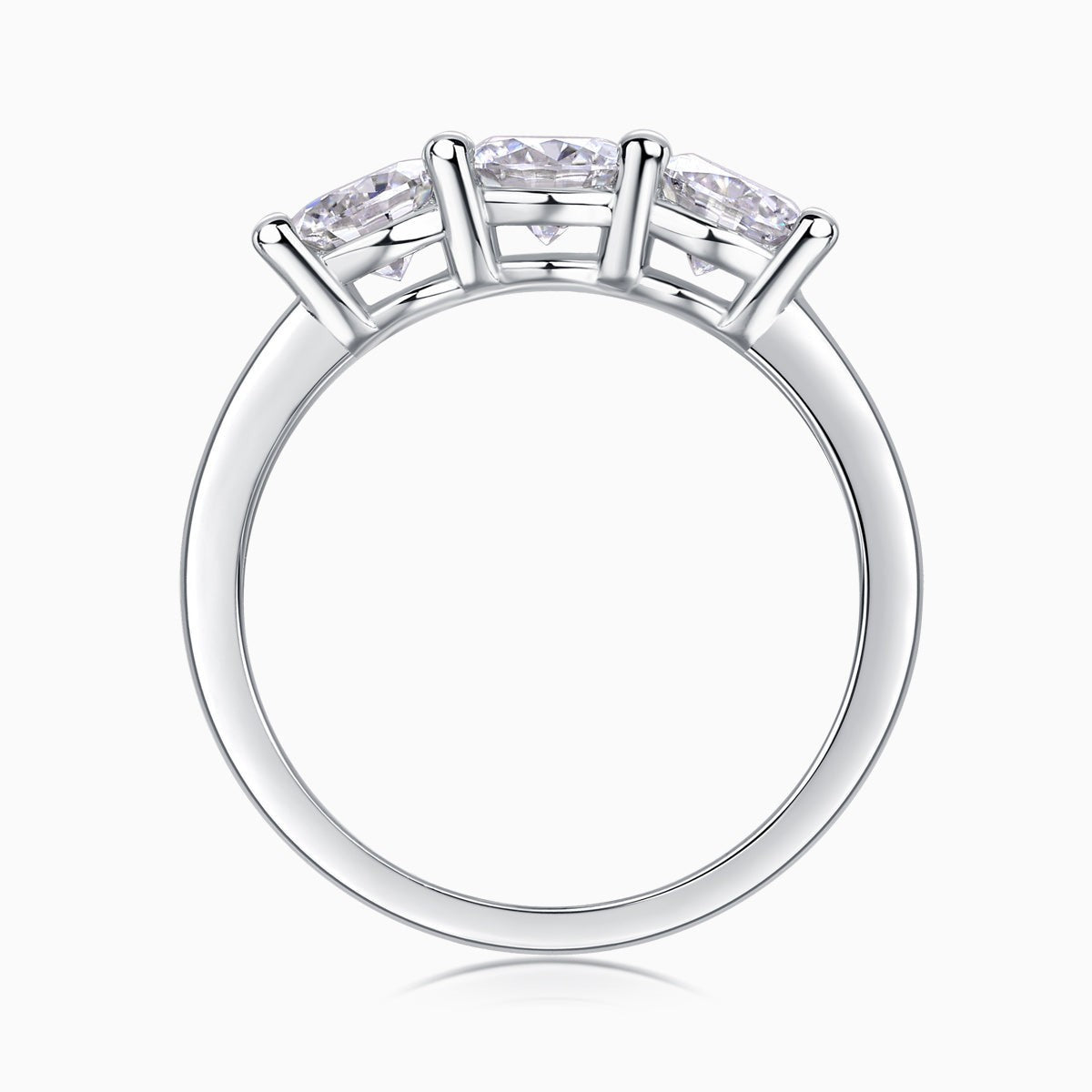 Top view of three-stone moissanite band showing prongs over round stones