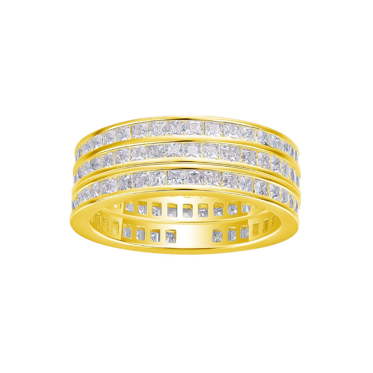 Triple row moissanite wide band ring in yellow gold vermeil with clear stones