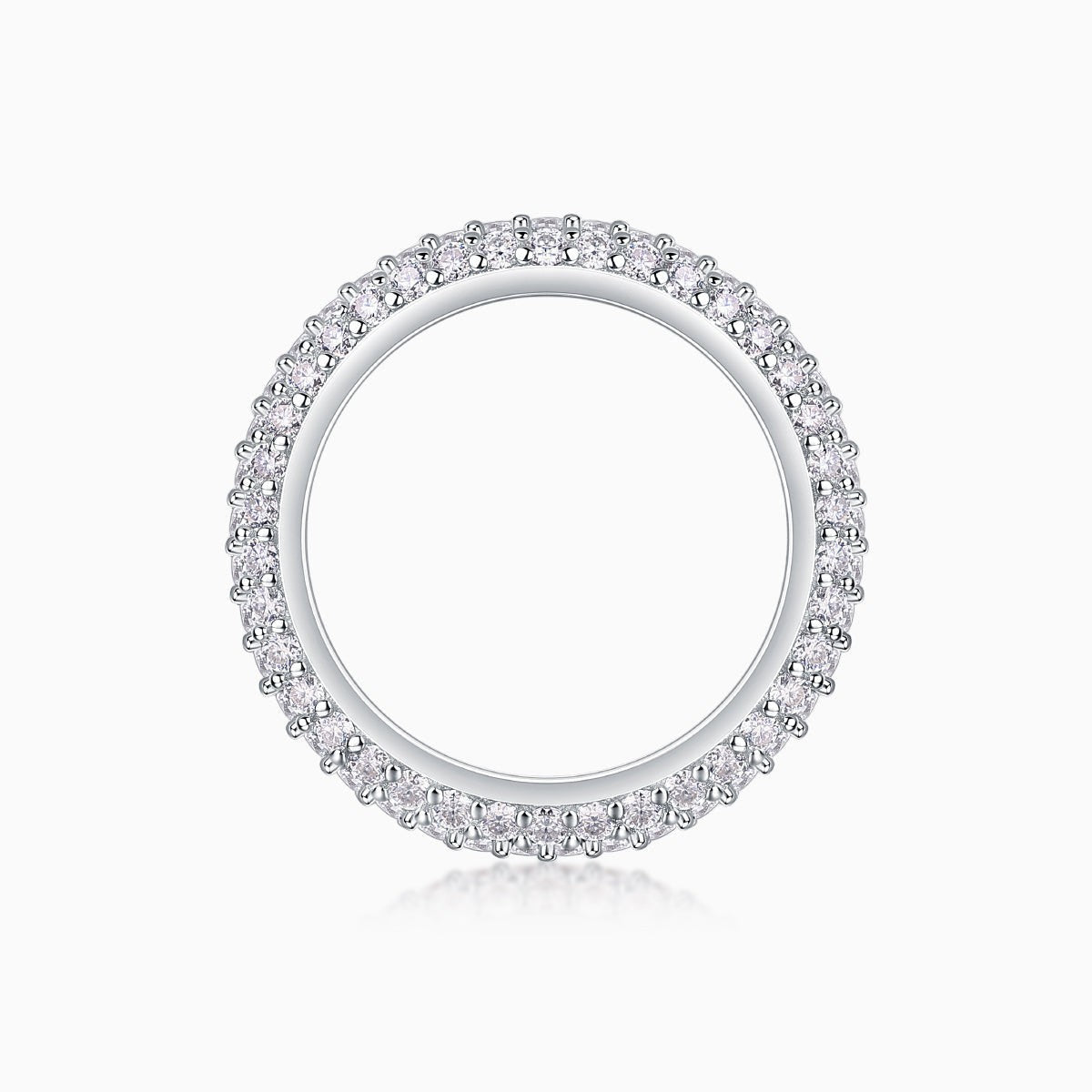 Triple-row pavé moissanite band ring, front view with diamond-like pavé border.