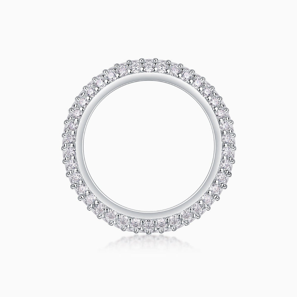 Triple-row pavé moissanite band ring, front view with diamond-like pavé border.