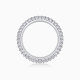 Triple-row pavé moissanite band ring, front view with diamond-like pavé border.