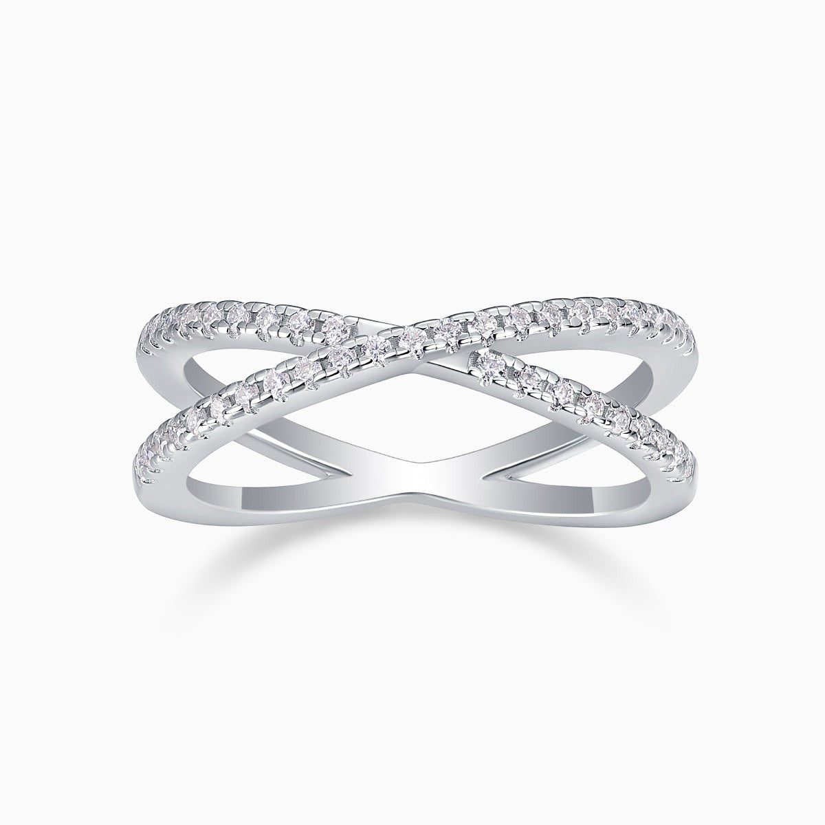 X-Cross Moissanite pavé band ring with X-shaped crossover and clear stones on white metal