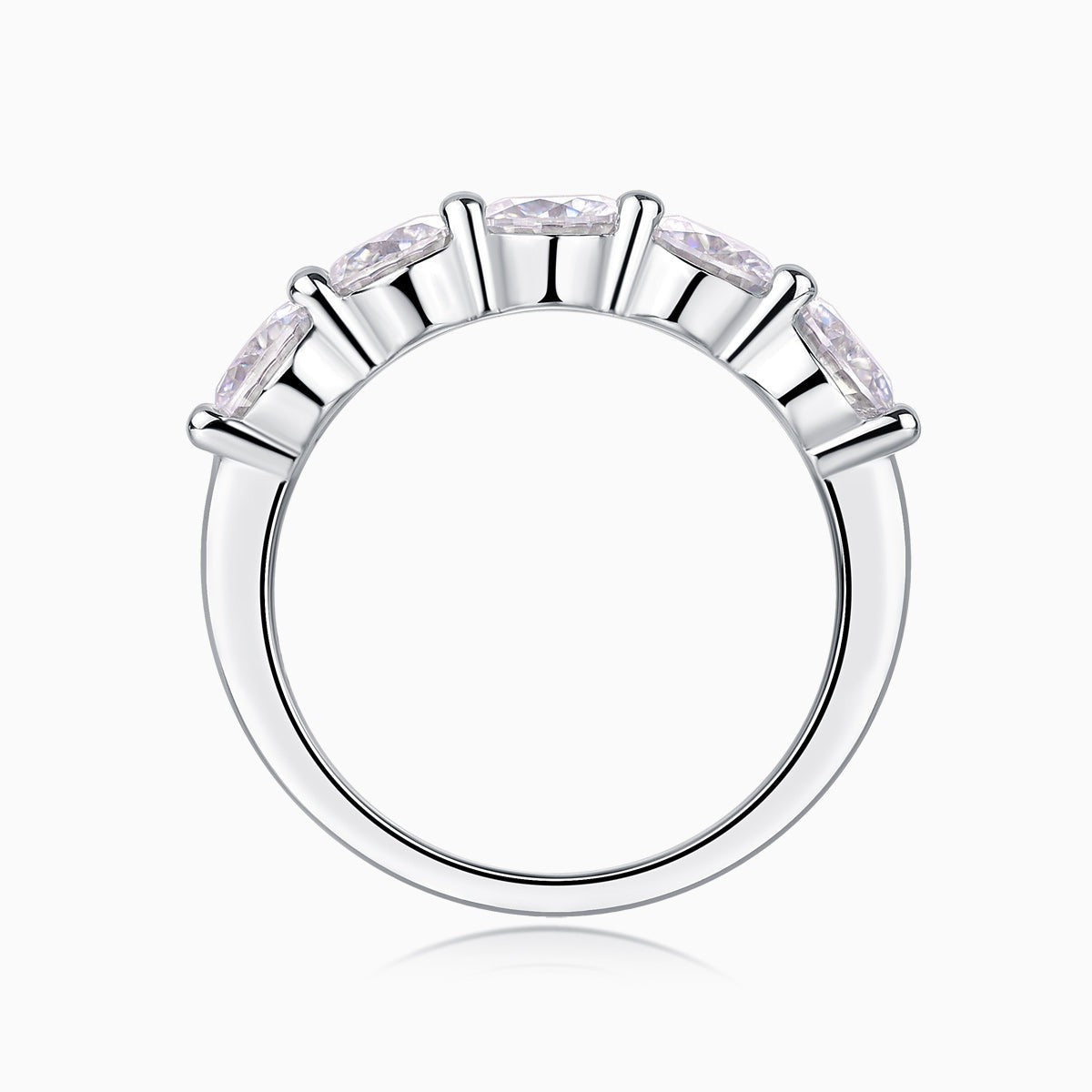 Five-stone moissanite wedding band, white gold vermeil, setting viewed from below