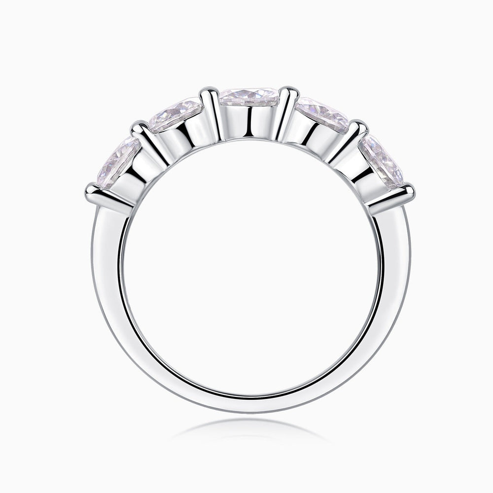 Five-stone moissanite wedding band, white gold vermeil, setting viewed from below
