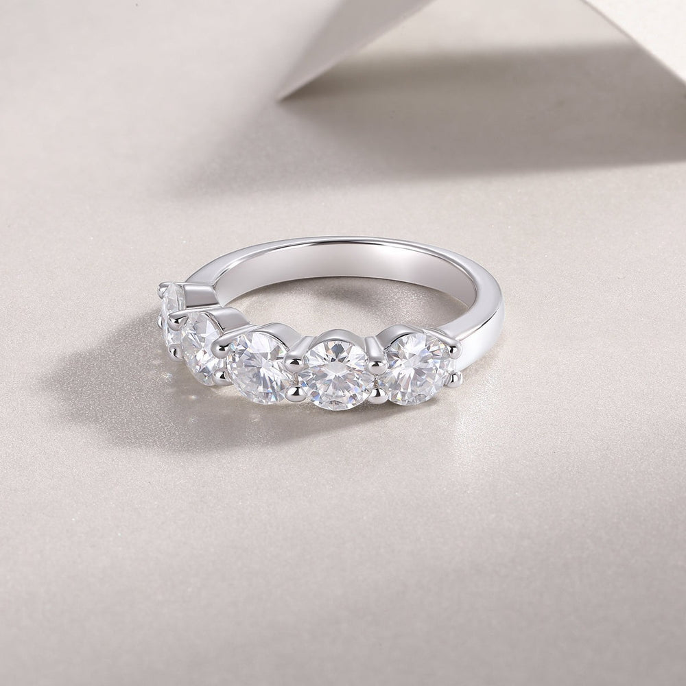 Five-stone moissanite wedding band, white gold vermeil, side profile