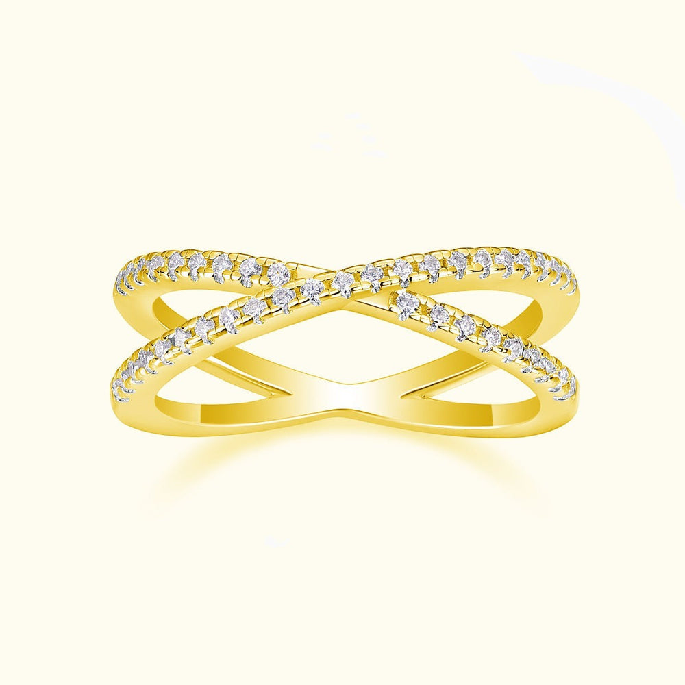 X-Cross Moissanite pavé band ring with X-shaped crossover and clear stones on gold tone