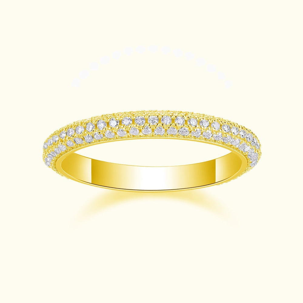 Yellow gold vermeil moissanite pavé wedding band, sparkling round stones on top