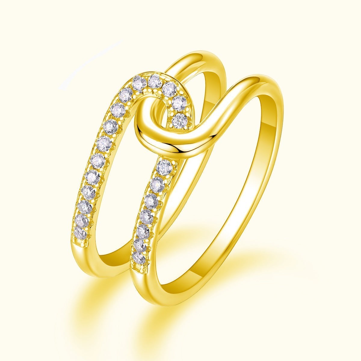 Yellow gold tone wide band ring with curved pavé stone rows and halo center