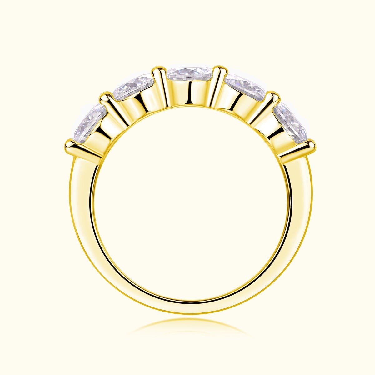 Five-stone moissanite ring, yellow gold vermeil, setting viewed from below