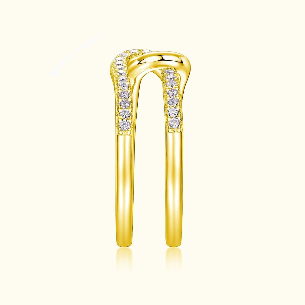 Yellow gold tone open wide band ring with pavé stone accents on both sides
