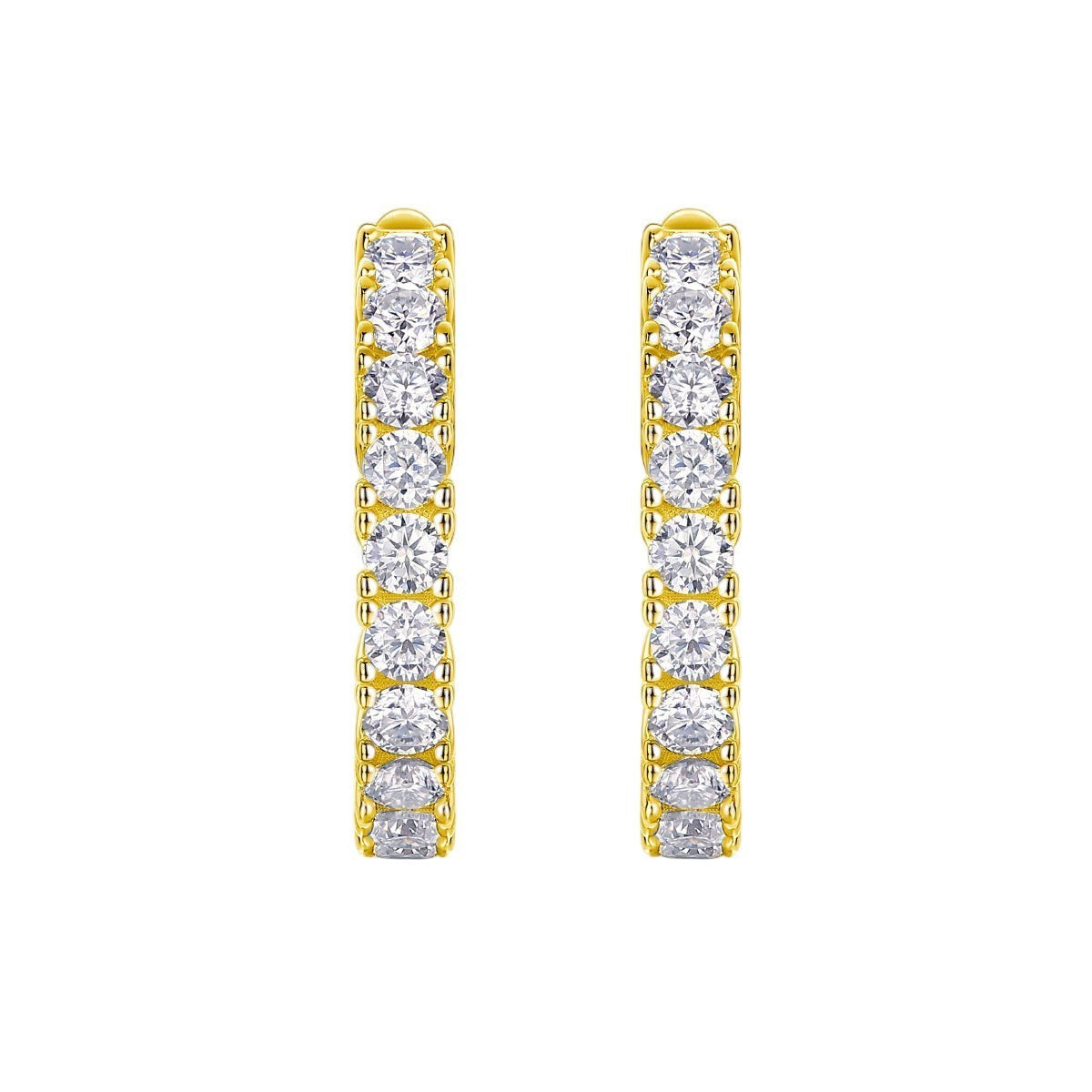 Yellow gold vermeil pavé hoop earrings with square moissanite stones, front view