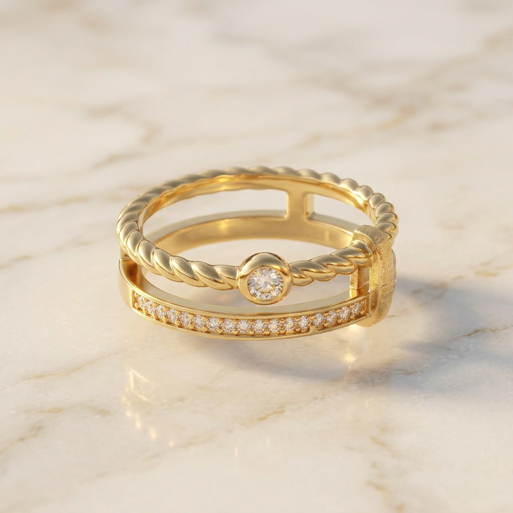 Double-band ring with twisted rope band, round center stone and pavé row, yellow gold vermeil