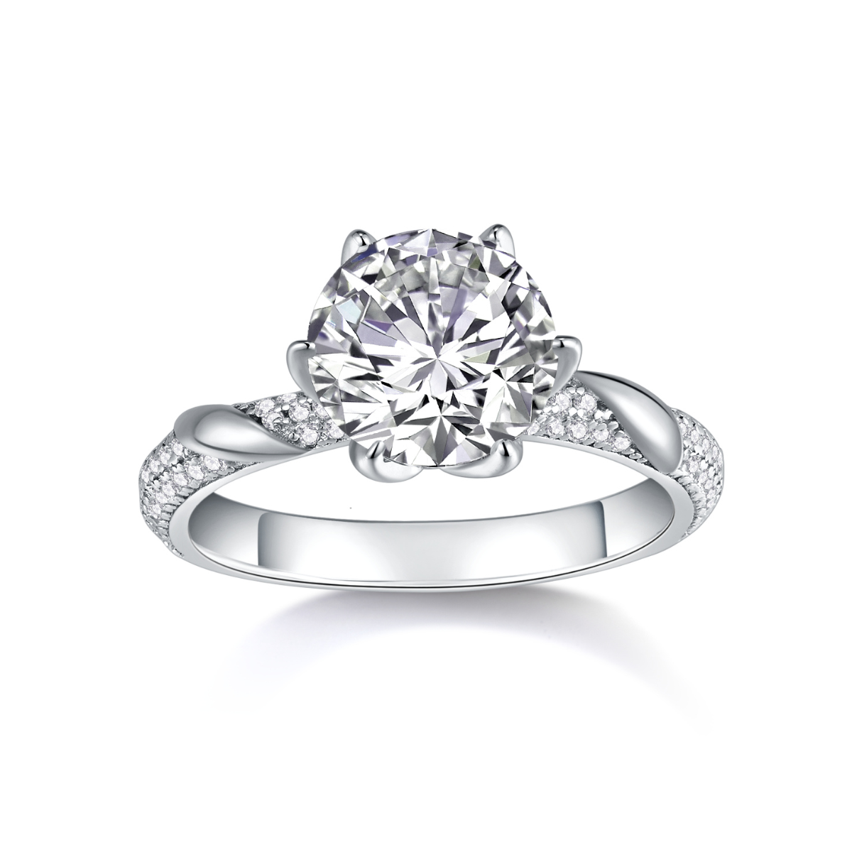 3ct twisted pavé moissanite ring with round center stone and pave band, white gold vermeil