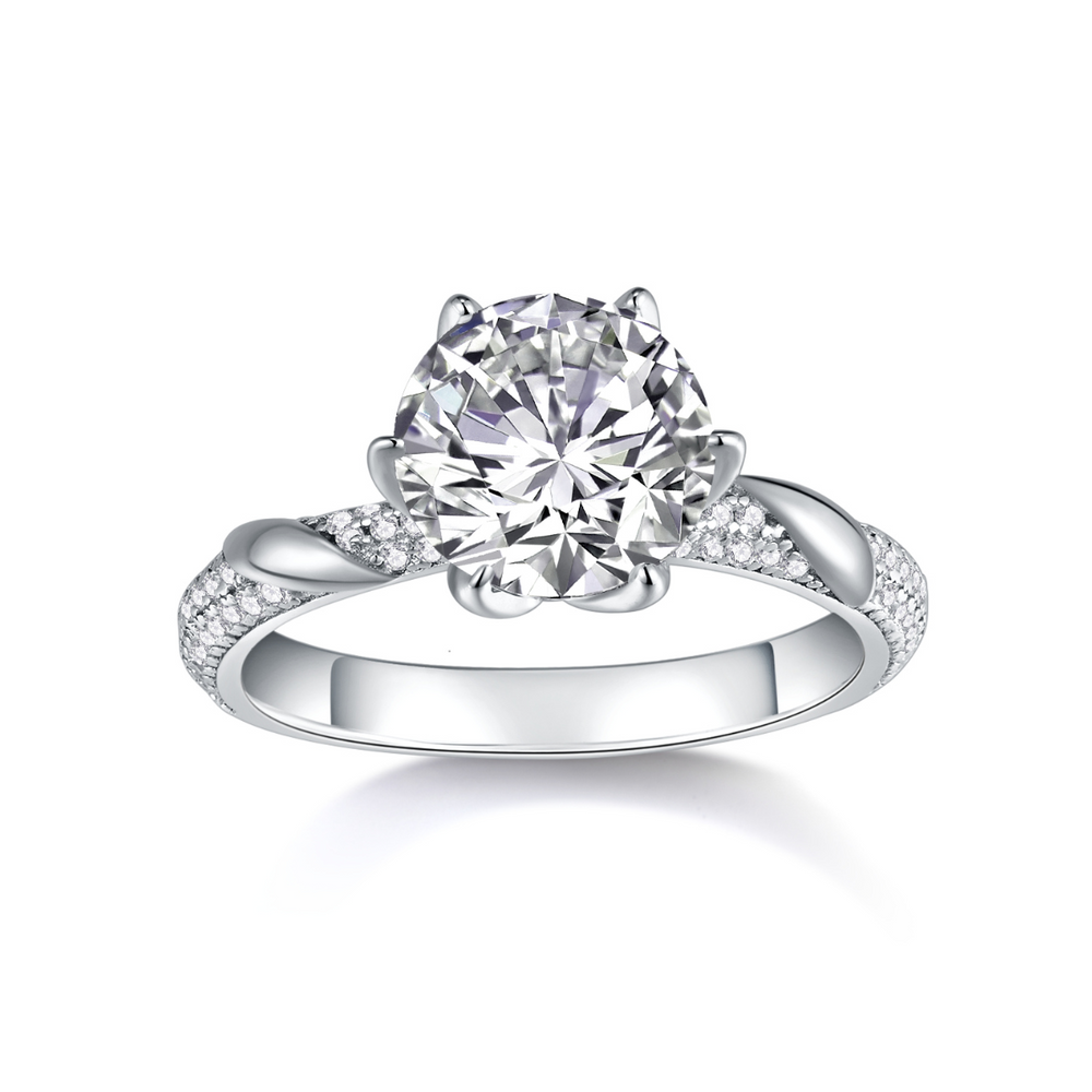 3ct twisted pavé moissanite ring with round center stone and pave band, white gold vermeil